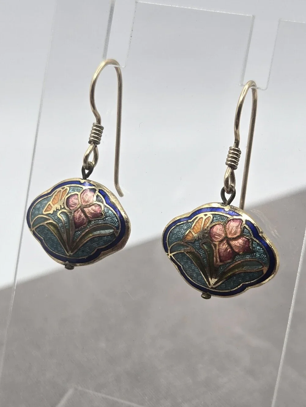 Boho Cloisonne Flower Pendant Necklace Enamel Diamond 18” Long Dainty Gold Chain